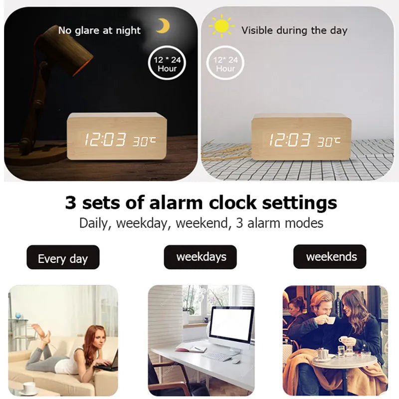 Natural Elegance: Wooden LED Digital Alarm Clock with Modern Design